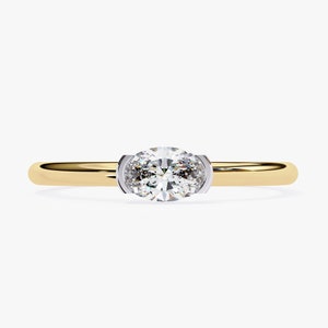 East West Oval Natural Diamond Ring, 14k Gold Pink Ring, Bezel Set Solitaire Engagement Ring, Minimalist & Low Profile