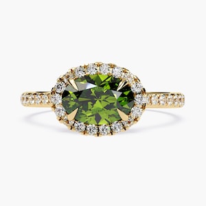 1Ct Green Oval Diamond Statement Ring 14K Solid Gold Lab Grown Diamond Minimalist Fashion Statement Ring Colored Diamond Fine Jewelry