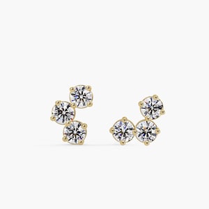 14K Gold Tiny Cluster Stud Earrings, Dainty 3 Diamond Curved Studs, Single or Pair, Minimalist Gift for Her or Friend