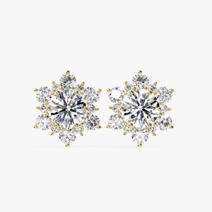 Round Cluster Natural Diamond Earring 14k Gold Stud Earring Prong Set Floral Diamond Earring Dainty Earring Birthday Gift Snowflake Earrings