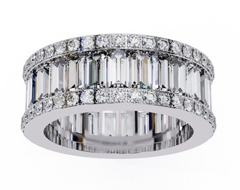 3.60 CT Baguette Round Lab Grown Diamond Ring, Pave & Prong Setting Ring, 14k Gold Band Ring, Full Eternity Diamond Ring, Anniversary Ring