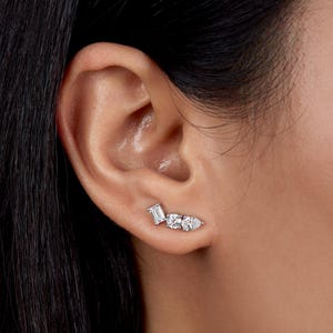 14k Gold Diamond Earrings, Curved Ear Climbers, Gold Diamond Trio Stud Earrings, Diamond Studs, 3 Stone Cluster Earrings, Gift for Mom