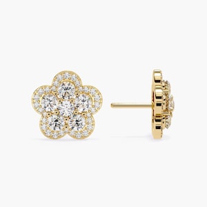 1 CT Diamond Earrings 14k Gold Floral Diamond Studs Floral Cluster Diamond Earrings Minimalist Diamond Flower Cluster Diamond Earrings