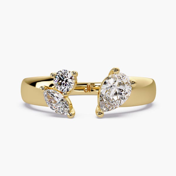 0.60 Ctw Multi-Shape Lab Grown Diamond Open Cigar Band, 14K Gold Everyday Statement Ring
