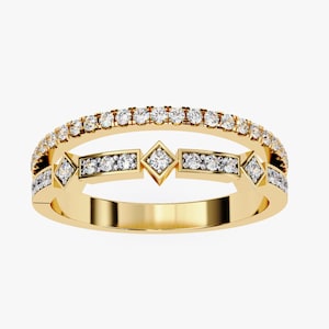 14K Gold Diamond Double Band Ring: Geometric Art Deco Index Finger Ring 0.25Ct