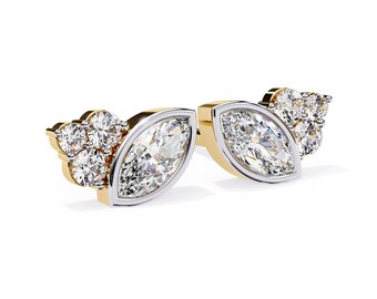 0.50 CT Marquise Round Natural Diamond Stud Earring, 14k Gold Earring, Prong Bezel Setting Butterfly Pushback Earring, Graduation Gift