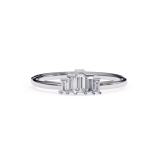 0.20 CT Baguette Straight Lab Grow Diamond Ring, 14k Gold Band Ring, Prong Setting Tiara Ring, 5 Stone Ring, Dainty Cute Ring, Fine Jewelry