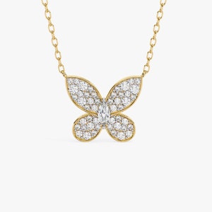 0.20 Ctw Butterfly Natural Diamond Pendant Necklace, 14k Gold Pave Round Marquise Cut Diamond Necklace Gift for Mom, Graduation Gift For Her