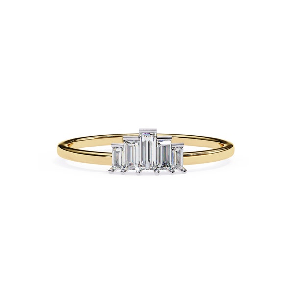 0.20 CT Baguette Straight Natural Diamond Ring, 14k Gold Band Ring, Prong Setting Tiara Ring, 5 Stone Ring, Fine Jewelry Stacking Band Ring