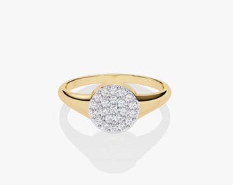 Diamond Signet Pinky Ring, 14K Solid Gold Signet Ring with Natural Diamonds, Minimalist Pave Signet Ring for Anniversary Gifts