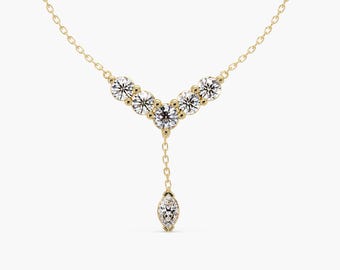 14K Gold Lab Diamond Y Necklace • 0.28 Ctw Marquise Drop Necklace