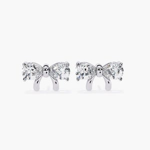 2ctw Pear Diamonds 14K Gold Diamond Bow Stud Earrings Minimalist Bow Ribbon Studs Pear Diamond Bow Earrings, Solid 14K Gold Diamond Earstuds