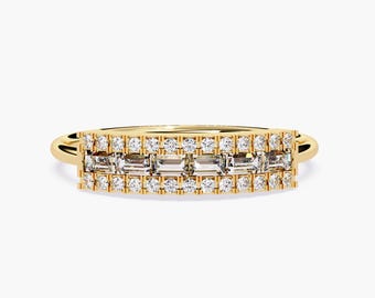 Baguette und runder Diamantring, 14k Gold 3 reihiger Bar Ring, Naturdiamant Art Deco Statement, Goldjubiläum Schmuck Geschenk
