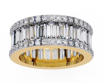 Anello con diamante naturale rotondo Baguette da 3,60 CT, anello con set di canali, anello a fascia in oro 14k, anello con diamante eternità completa, anello anniversario