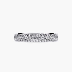 White gold eternity band with 3 rows of small diamonds around the band.