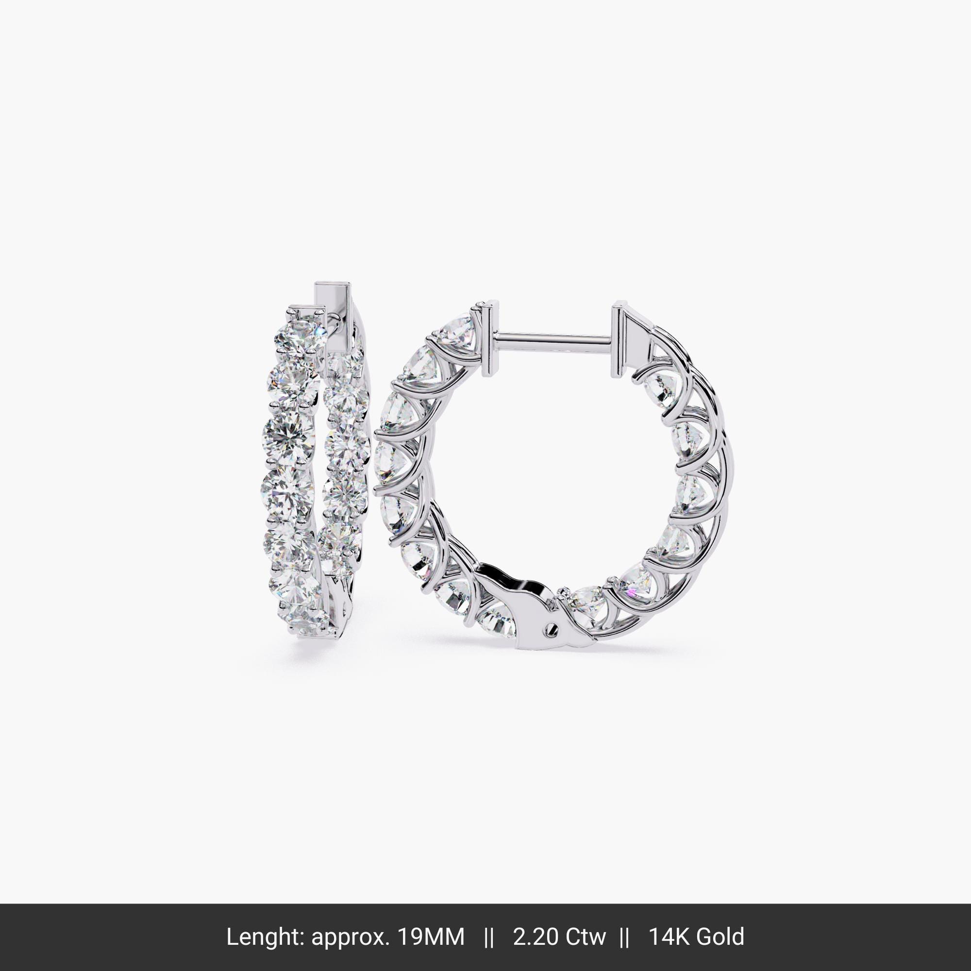 14Kゴールド 2カラット ラボグロウンダイヤモンド フープピアス - 19mm