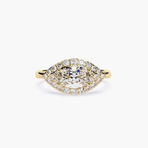 East West Marquise Ring, 1 CT Marquise Cut Diamond Ring, 14k Gold Marquise Diamond Ring in Halo Setting, Engagement Ring, Gold Promise Ring