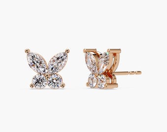 14K Gold Butterfly Studs | Marquise Round Lab Grown Cluster