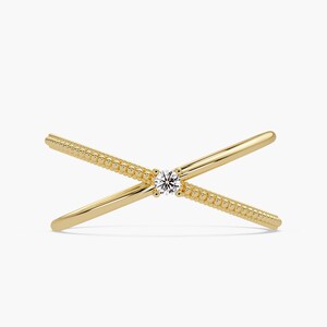 Gold Cross Ring, 14K Gold X Ring, Dainty Double Band Ring, Simple Textured Gold Ring, Everyday Ring, Gifts for Her