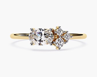 Oval Diamant-Verlobungsring, 14 k Gold Ost-West-Ring, zierliche Naturdiamant-Cluster-Ring, Versprechen Ring Geschenk für sie