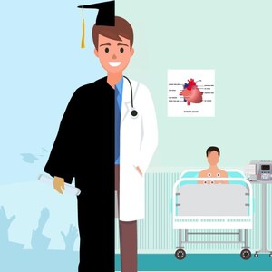 May include: A person wearing a black graduation gown and a white doctor's coat, holding a diploma. The person is smiling and looking at the camera. In the background, there is a hospital room with a patient in a bed and medical equipment.