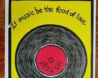 Original artwork - Linocut Print - Valentine's Print - If Music be the Food of Love