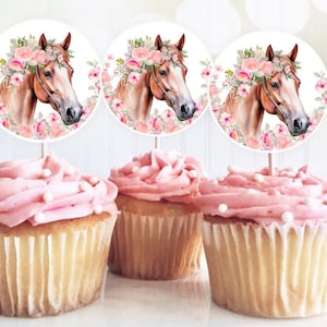 Décorations de cupcakes cheval imprimables avec fleurs roses, impression numérique en téléchargement 3 tailles