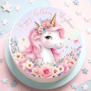 Topper per torta unicorno stampabile con fiori, stampa tu stesso, modificabile, download digitale, decorazione per feste, compleanno o baby shower
