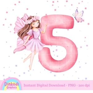 Diseño de sublimación PNG de hada para su quinto cumpleaños, descarga digital instantánea para camisetas, regalos, decoraciones de cumpleaños, invitaciones y adornos para tartas.