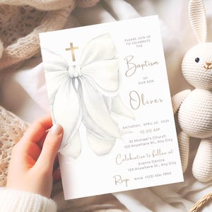 Faire-part de baptême de bébé imprimable Modifier et imprimer vous-même Invitation noeud blanc en téléchargement numérique