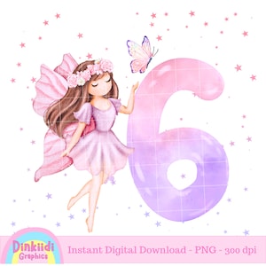 Fairy 6e verjaardag PNG-sublimatieontwerp, instant digitale download T-shirt, cadeau, verjaardagsversieringen, uitnodiging, taarttopper
