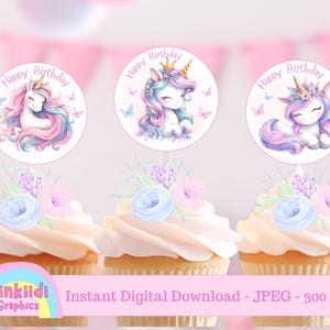 Adornos para cupcakes imprimibles de unicornios dulces, 3 tamaños, impresión digital, decoración para fiestas.