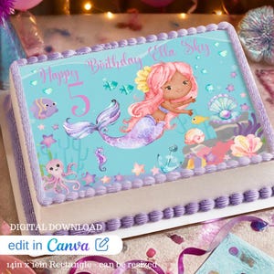 May include: A rectangular cake topper featuring a light blue background with a pink-haired mermaid, a large number 5, and the text Happy Birthday Ella Sky. The design includes illustrations of an octopus, fish, seahorse, anchor, and seashells.