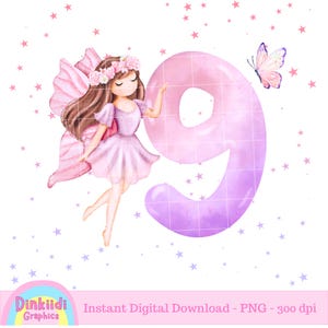 Design de sublimação PNG de aniversário de 9 anos de fada, camiseta de download digital instantâneo, presente, decorações de aniversário, convite, topo de bolo