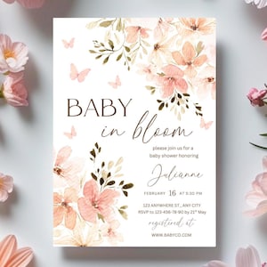 Faire-part de baby shower imprimable Modifier Imprimer vous-même Téléchargement numérique Fleurs Noeud de ruban Invitation de bébé en fleurs