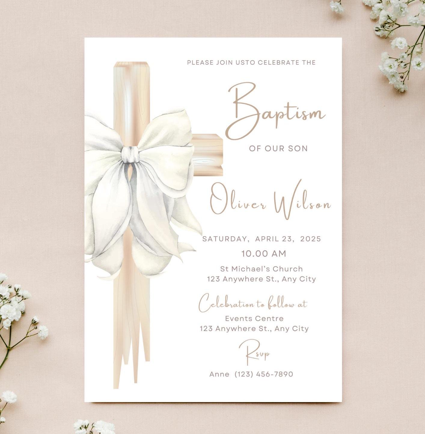 Printable Baby Baptism Invitation Edit and Print Yourself Digital Download White Bow Invite BWBC