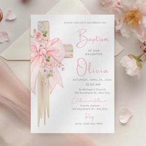 Faire-part de baptême imprimable, modifier et imprimer vous-même, téléchargement numérique, faire-part de bébé fleurs avec noeud rose