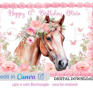 Décoration de fête cheval imprimable à imprimer vous-même Rectangle modifiable en téléchargement numérique, adaptée pour un gâteau Costco avec des fleurs roses