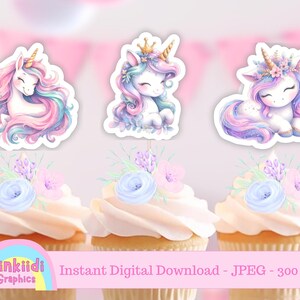 Adornos para cupcakes imprimibles de unicornios. Descarga digital. Decoración para fiestas. 3 tamaños.