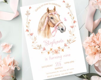 May include: A pink and white birthday invitation featuring a watercolour illustration of a horse wearing a pink bridle and a pink bow. The text on the invitation reads "Gallop on over to celebrate Stephanie is turning nine Saturday March 25 12PM-3PM 123 Anywhere St., Any City, ST 12345 RSVP to Donna: 123-456-7890"