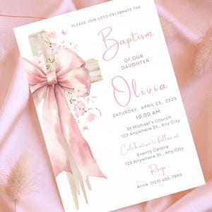 Invitación de bautismo imprimible Edita e imprime tú mismo Descarga digital Invitación para bebé con flores y lazo rosa