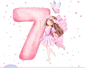 May include: A pink number seven with a fairy with pink wings and a flower crown standing next to it. The fairy is wearing a pink dress and has brown hair. There are pink and purple stars in the background.