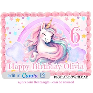 Décoration de gâteau imprimable licorne arc-en-ciel à imprimer vous-même Rectangle modifiable en téléchargement numérique décoration de fête anniversaire adapté pour gâteau Costco