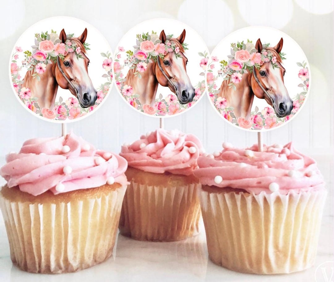 Printable Horse Cupcake Toppers With Pink Flowers Print Yourself ...