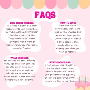 K&ouml;nnte beinhalten: Rosa-gr&uuml;nes Grafik mit FAQ in gro&szlig;en wei&szlig;en Buchstaben. Die Grafik enth&auml;lt Anweisungen, wie man den Link erh&auml;lt, bearbeitet und eine digitale Datei herunterl&auml;dt. Der Text enth&auml;lt die W&ouml;rter 'K&auml;ufe und Bewertungen', 'Dateien herunterladen', 'Teilen', 'Herunterladen', 'PNG' und 'PDF'. Die Grafik enth&auml;lt auch einen rosa-wei&szlig;en Kuchen mit drei Kerzen.
