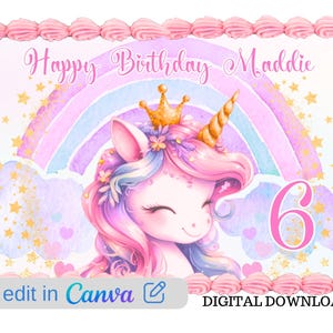 Décoration de gâteau licorne imprimable à imprimer vous-même Rectangle modifiable en téléchargement numérique décoration de fête anniversaire adapté pour gâteau Costco
