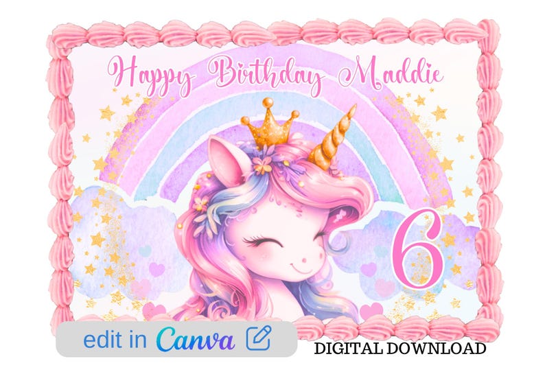 Printable Unicorn Cake Topper Print Yourself Editable Rectangle Digital Download Party ...