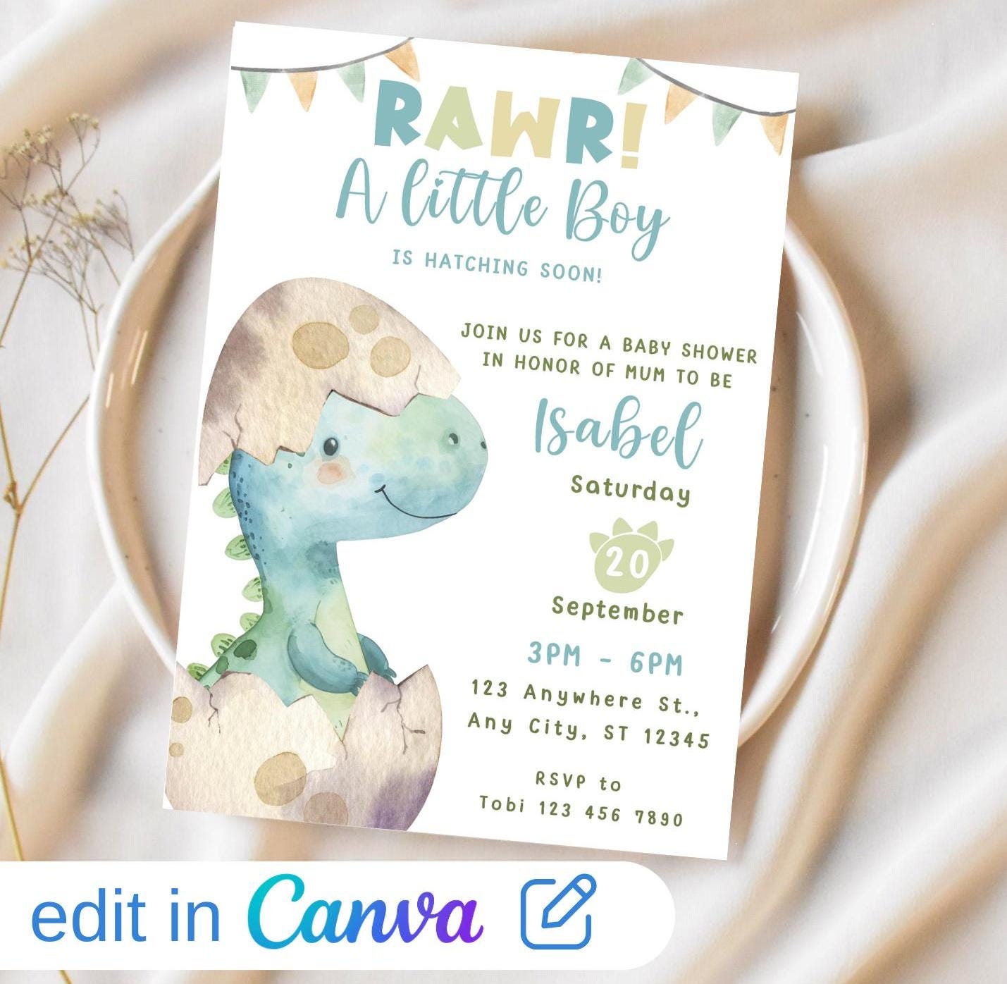 Printable Dinosaur Invitation Edit and Print Yourself Digital Download Baby Shower Invite Dinobaby