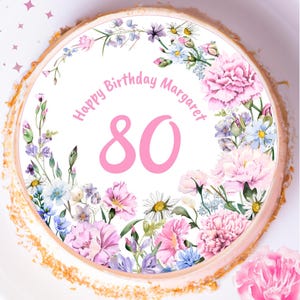Topo de bolo para impressão com flores rosas da primavera, impressão digital editável para download, decoração para festa de aniversário