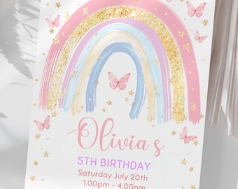 May include: A birthday invitation featuring a pastel rainbow design with pink, gold, and blue hues. The invitation includes the text "Join us to celebrate" and details for Olivia's 5th birthday, including the date, time, and location.